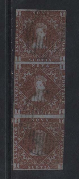 Nova Scotia #1 Used Showpiece Vertical Strip Of Three *With Cert.*