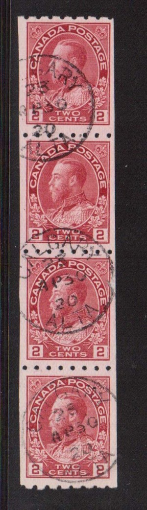 Canada #124 XF Used CDS Strip Of Four