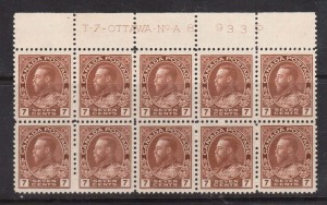 Canada #114 XF/NH Plate #8 Block Of 10 Variety