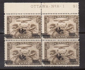 Canada #C3c NH Mint Triple Surcharge Variety In Plate Block **With Certificate**