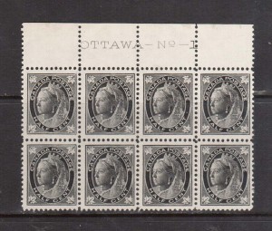 Canada #66 #66i VF/NH Plate #1 Upper Block Of Eight