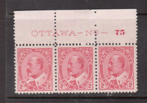 Canada #90 XF/NH Plate #75 Strip Of Three **With Certificate**
