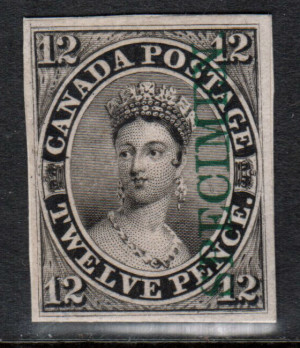 Canada #3Piii VF Proof With Green Vertical Specimen Overprint India Paper On Card