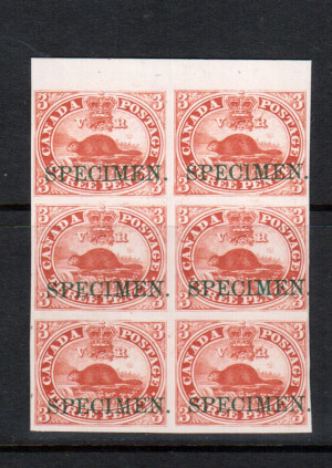 Canada #1TCi VF Proof Block Of Six India On Card With Green Black Specimen Overprint