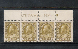 Canada #113iv Mint Plate #3 Strip Of Four **With Certificate**