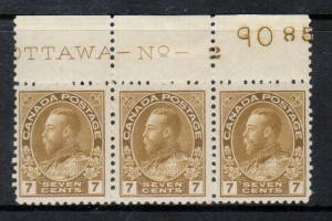 Canada #113b VF/NH Plate #2 Strip Of Three **With Certificate**